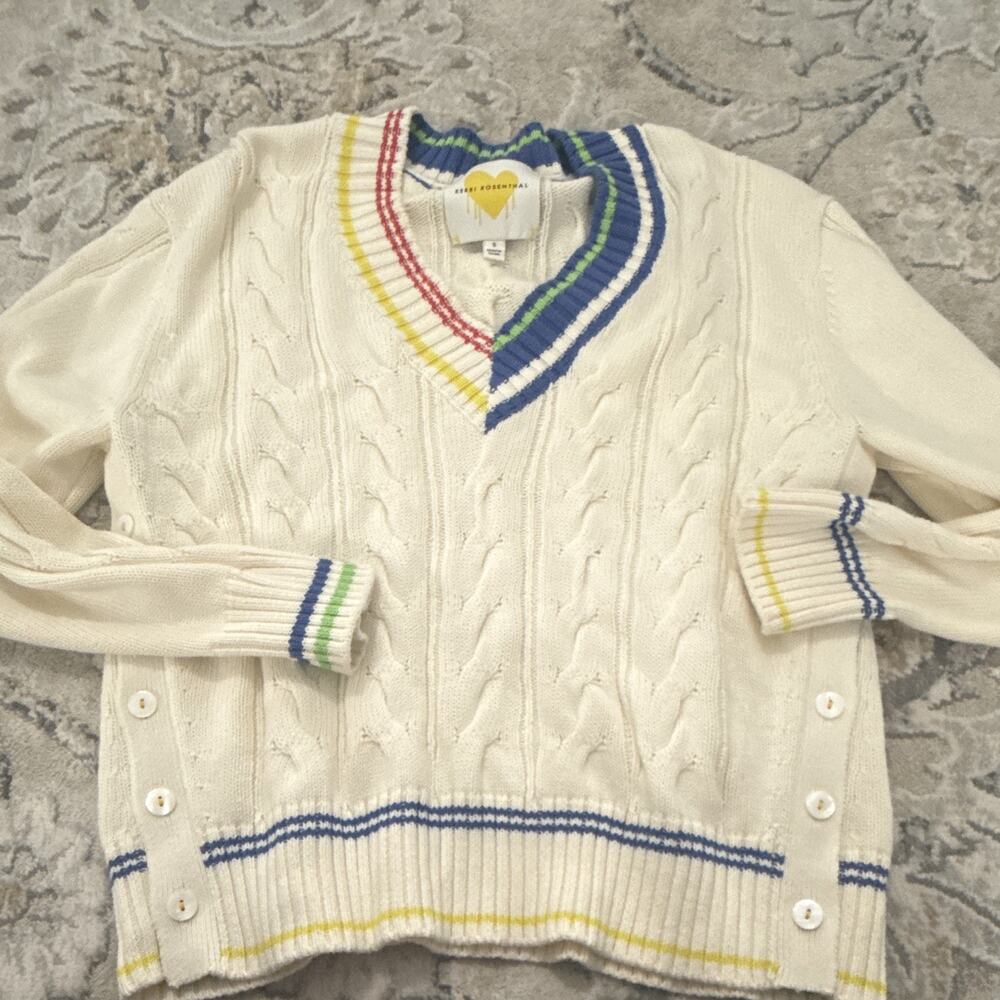 Kerri Rosenthal Ivory Cable-Knit V-Neck Striped Trim Long Sleeve Sweater S